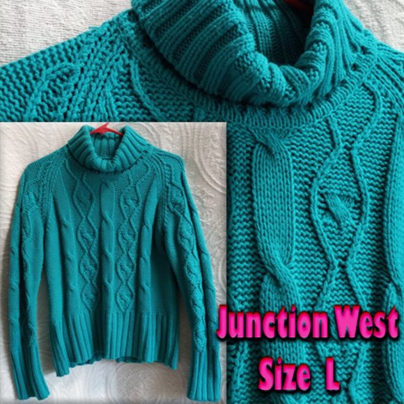 Bright Teal Chunky Cable Knit Thick Turtleneck Sweater By Junction West Size LG - Picture 1 of 8